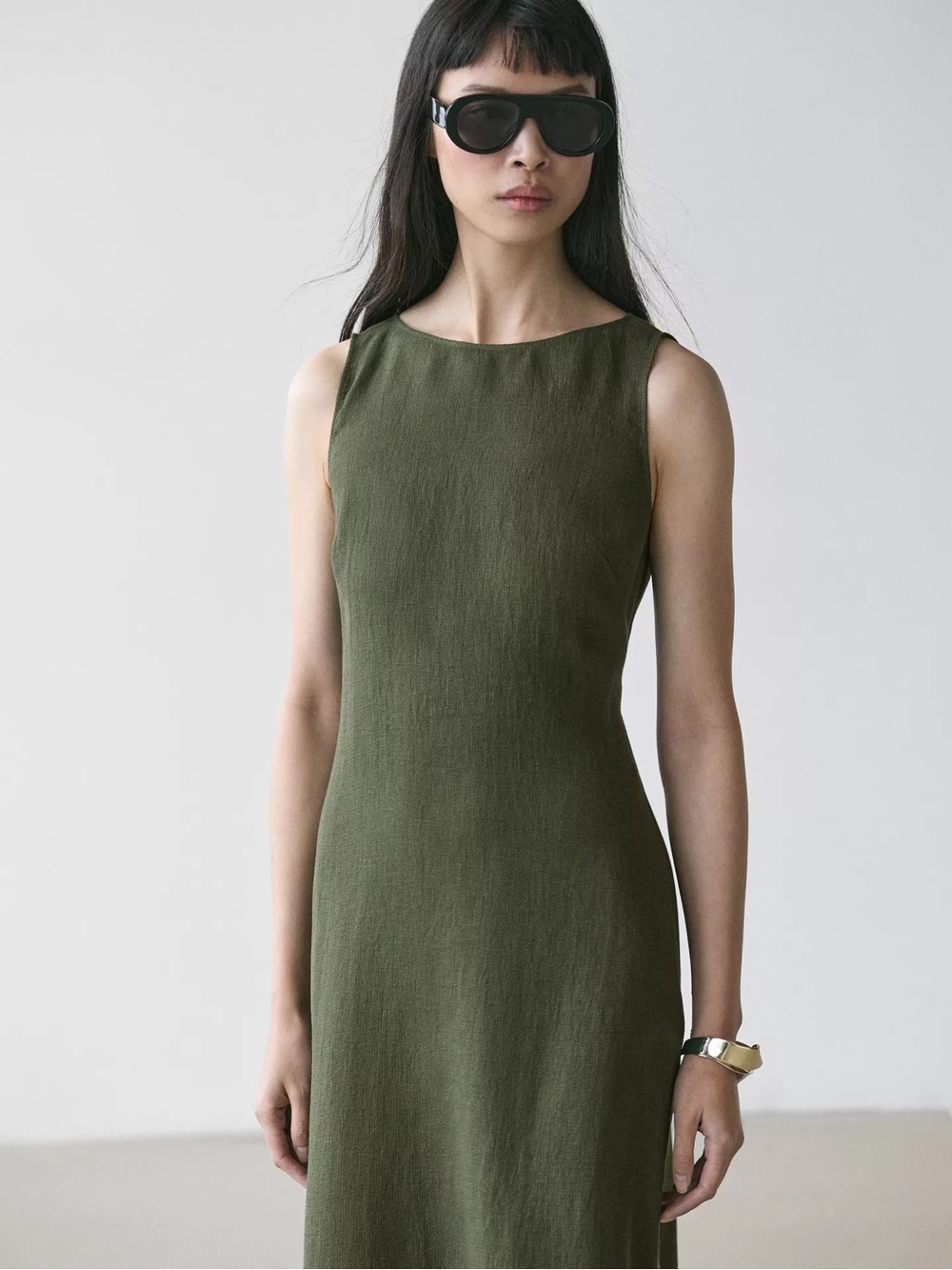 Massimo Dutti Linen Olive Green Sleeveless Maxi Dress - Picture 3 of 9